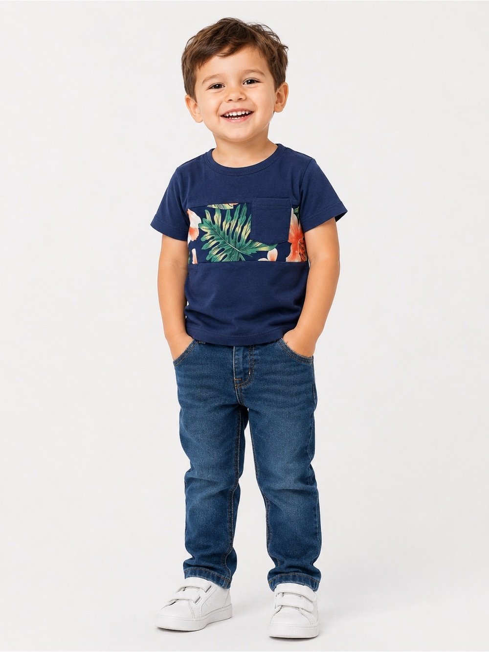 Toddler Navy Pocket Tee with Tropical Print